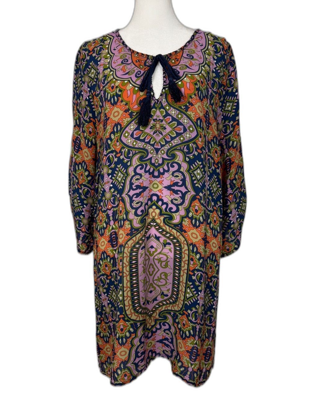Tolani 100% silk geometric pattern boho 3/4 sleeve dress size Large